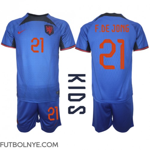 Camiseta Países Bajos Frenkie de Jong #21 Visitante Equipación para niños Mundial 2022 manga corta (+ pantalones cortos)